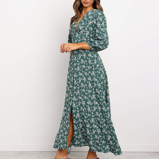 Elegant V Neck Floral Print Long Sleeve Womens Dress